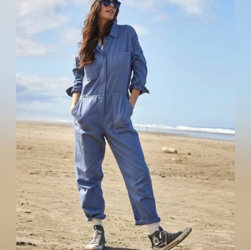 NWOT Outerknown Station Jumpsuit Cotton Linen Size Medium Blue Utility Zip Front